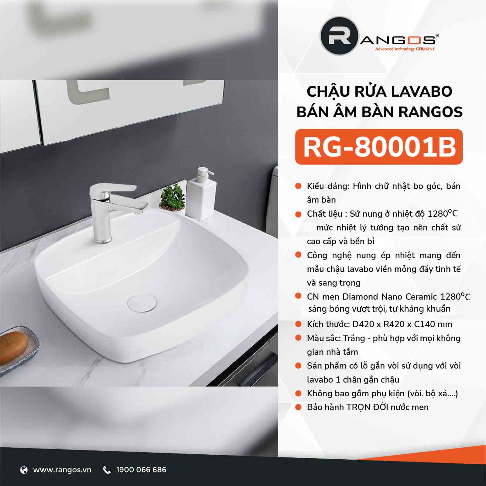 Chậu rửa lavabo bán âm bàn Rangos RG-80001B